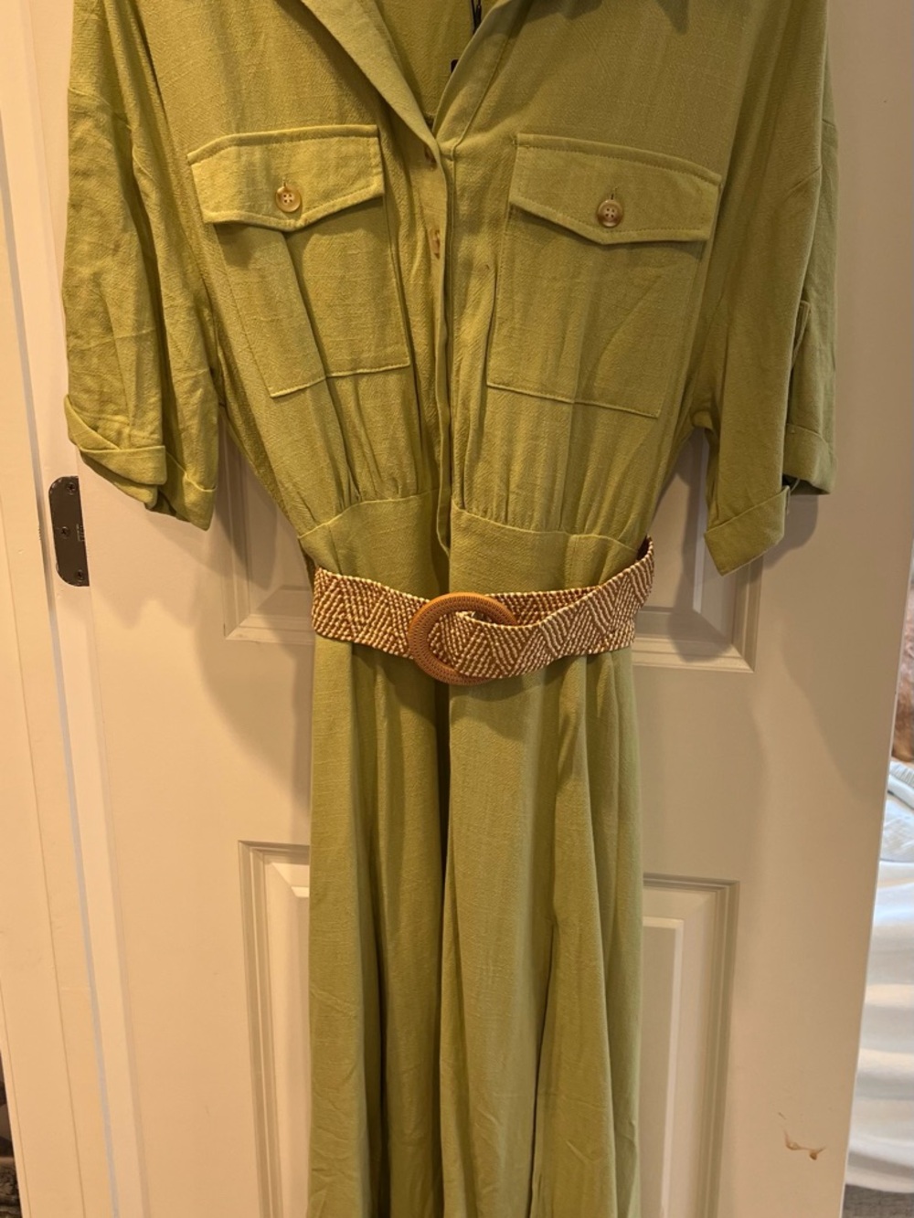 Green Button-Front Midi Dress with Woven Belt